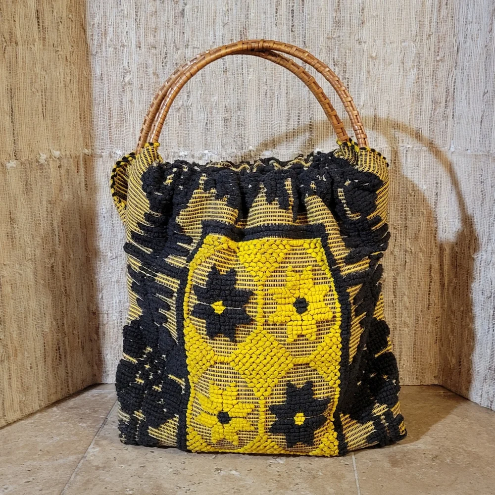 Vtg Handmade  yellow & black Woven Carpet Bag w/Wicker Handles